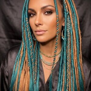 Teal and ginger Synthetic Dreadlock Extensions: Partial twisted set with braids